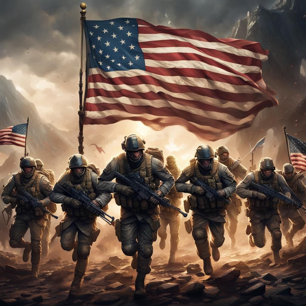 American Soldiers Charge into Battle with Flag