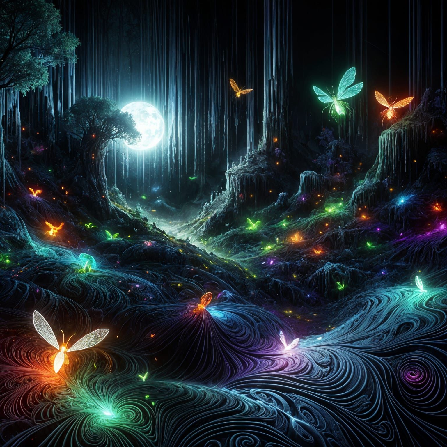 Fluorescent Forest with Diamond-Winged Insects