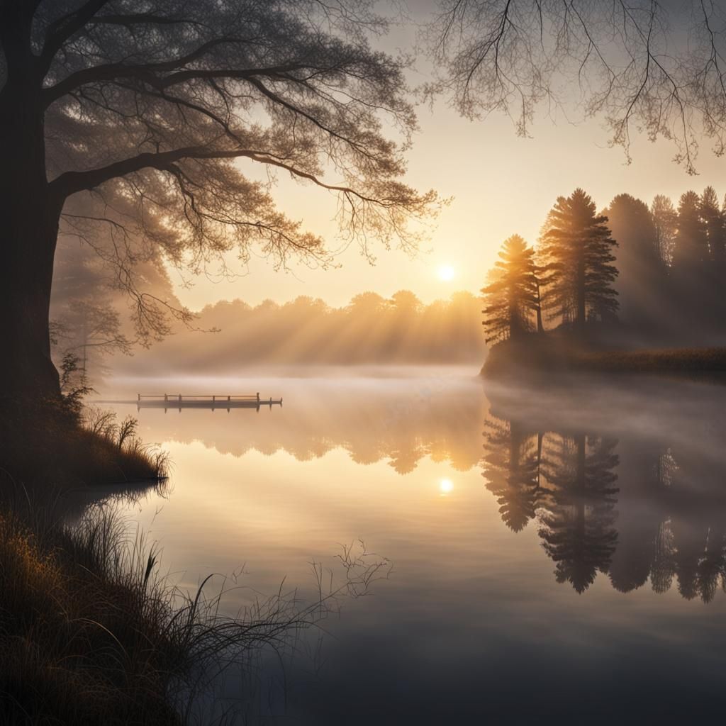 Magical Sunrise Over Misty Lake