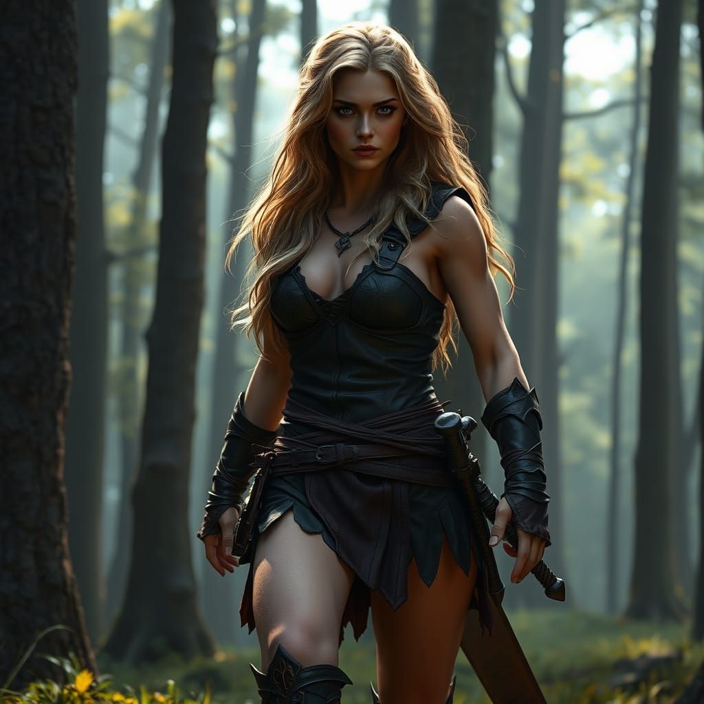 Amazonian Warrior in Dark Fantasy Forest