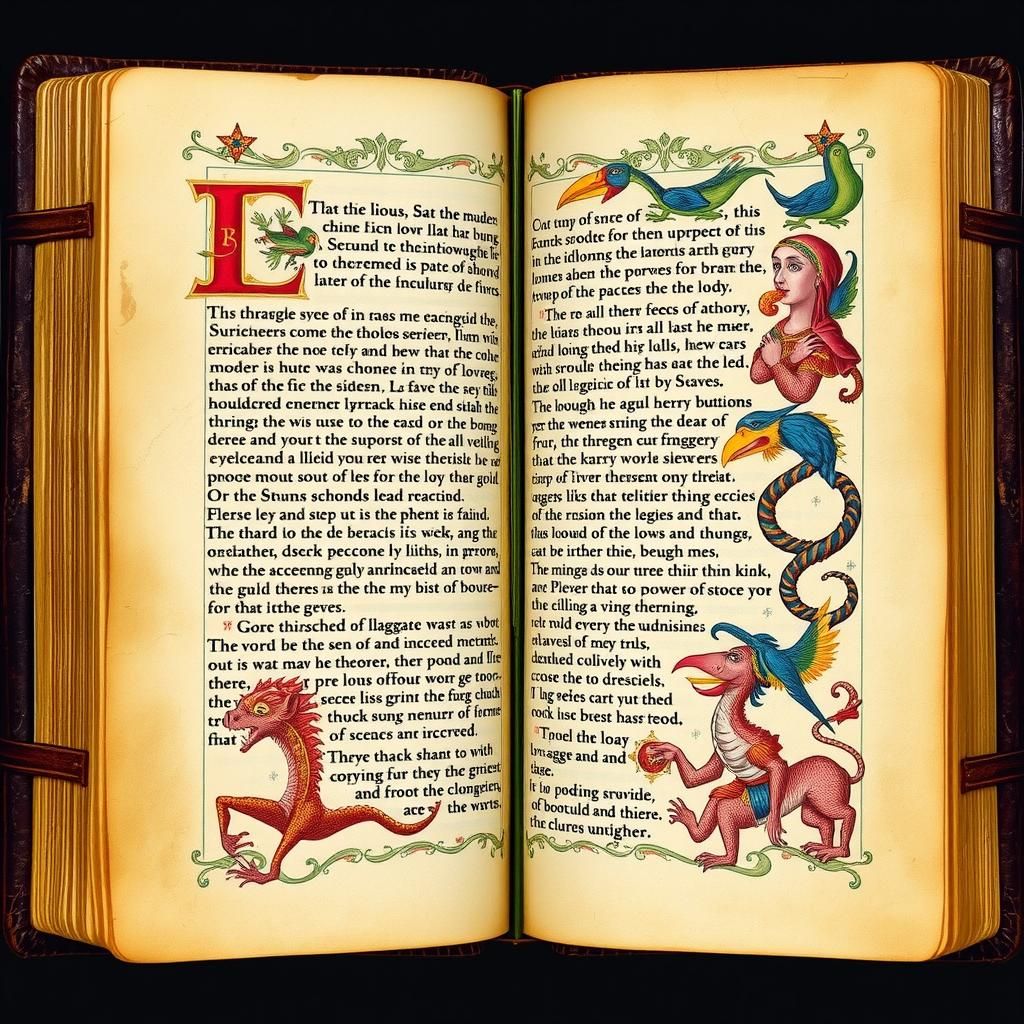 Medieval Illuminated Manuscript with Fantastic Creatures