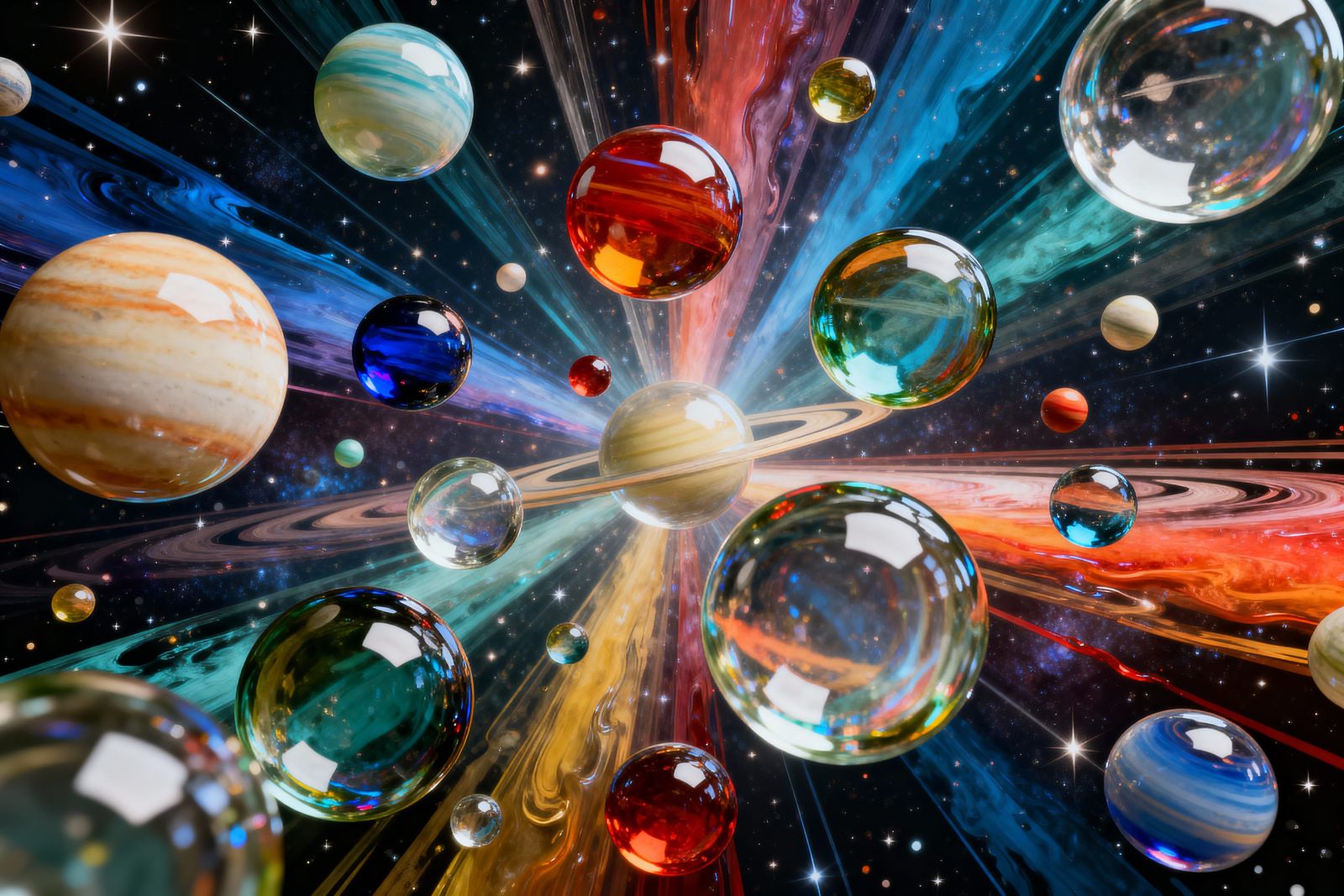 Vivid Glossy Glass Starfield with Colorful Planets