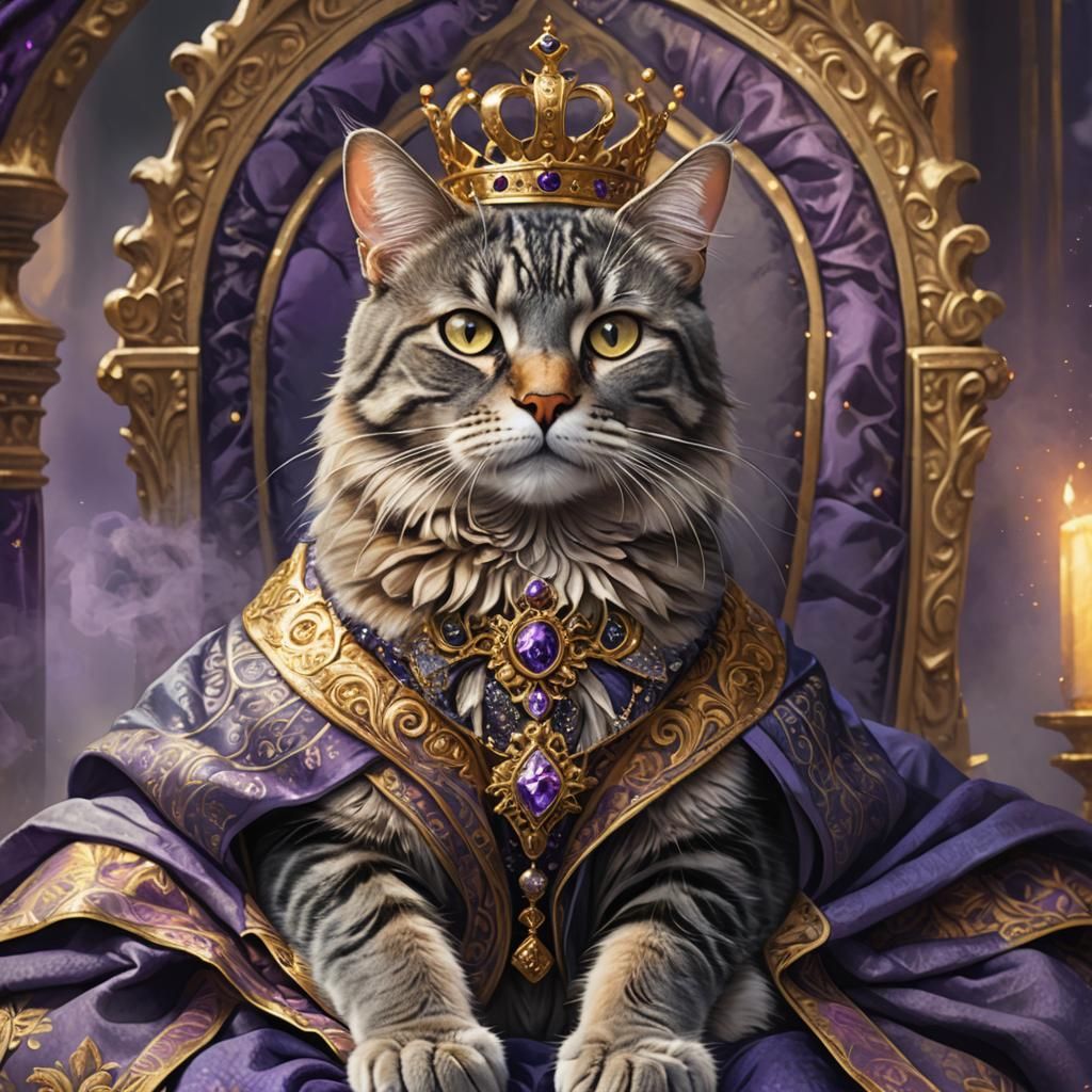 Regal Tabby Cat on Throne in Fantasy Art