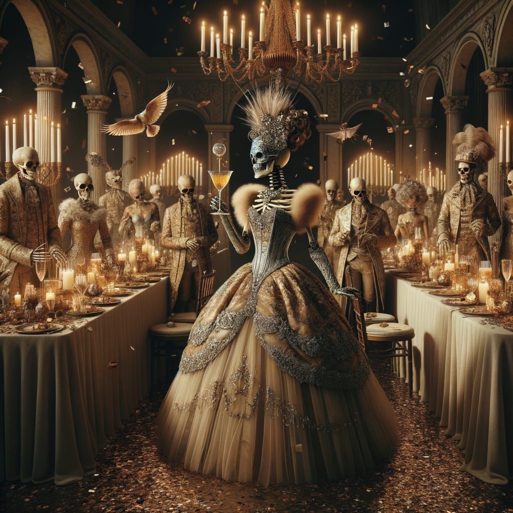 Skeleton Woman at Opulent Masquerade Ball