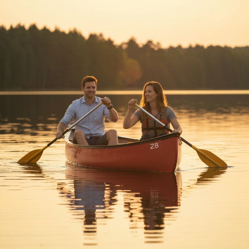 Couple Paddling Canoe at Golden Hour Lake