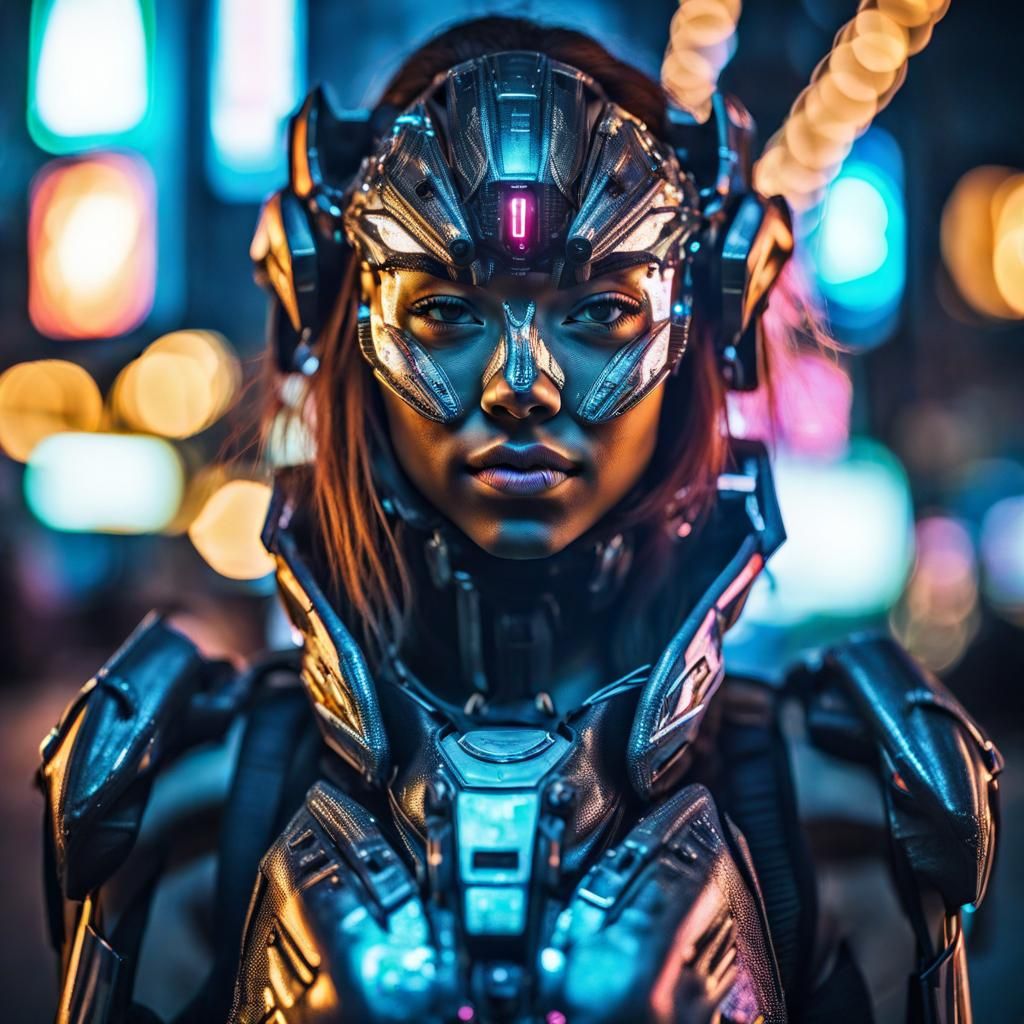 Cyborg Girl Portrait in Neon City, Hyperrealistic Style