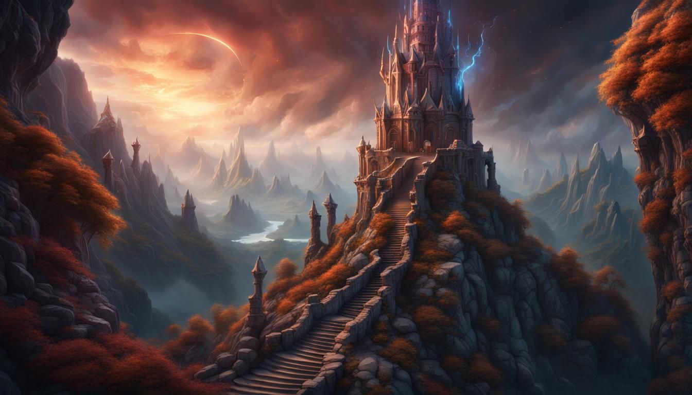 Majestic Fantasy Wizard Tower in Mountain Landscape
