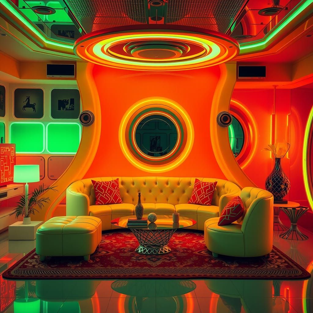 Retro-Futuristic Interior with Neon Green and Orange Decor