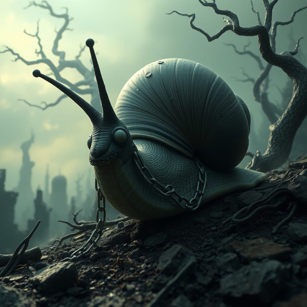 Gothic Snail in Surreal Landscape, Film Noir Style