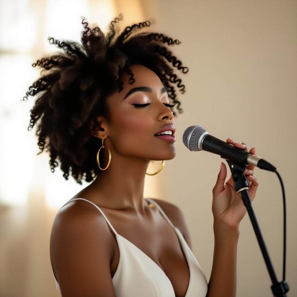 Soulful Singer Performs with Eyes Closed in Moody Lighting