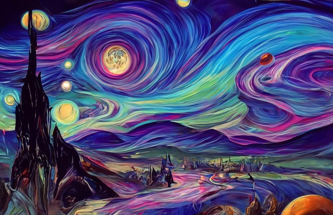 Iridescent Sci-Fi Starry Night in Oil Painting Style