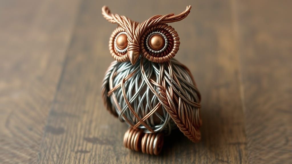 Wire Owl Sculpture: Braided Copper and Silver Art