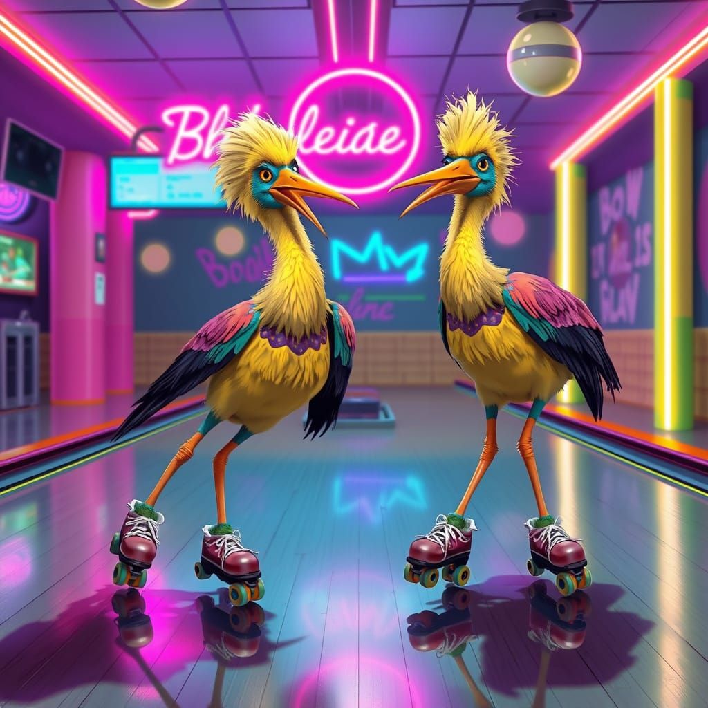 Shoebill Storks Roller Skating in Neon Bowling Alley