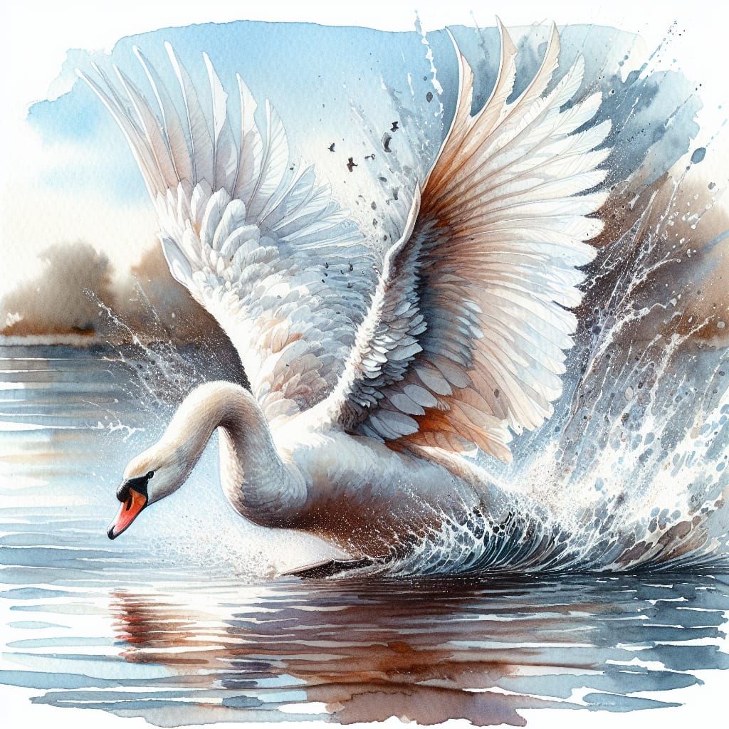 Watercolor Mute Swan Takeoff from Tranquil River