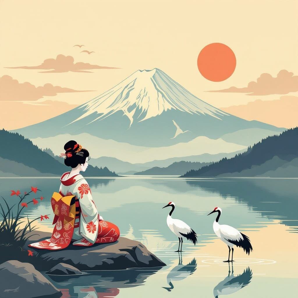 Japanese Geisha in Serene Lake Landscape