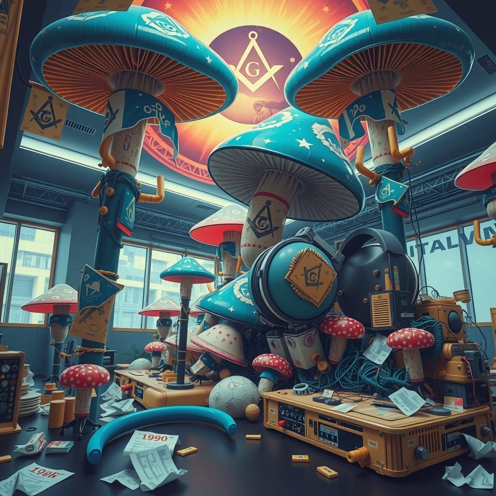 Mushroom Art Sculpture in Cyberpunk Office Aesthetic