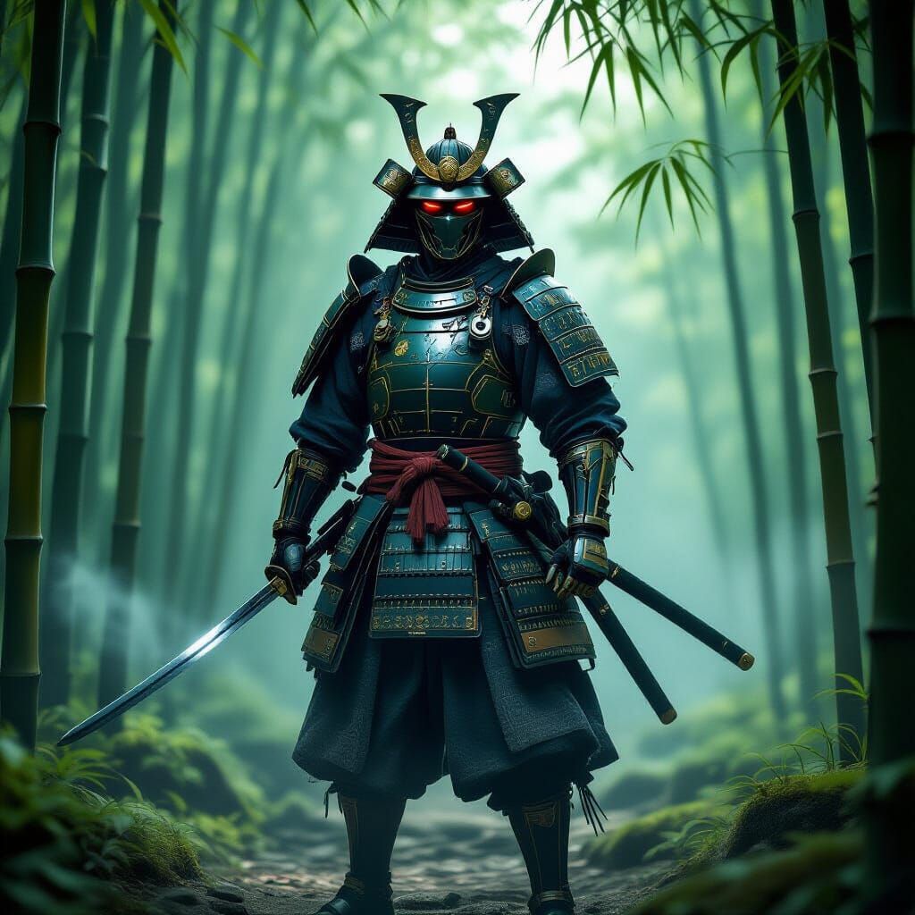Samurai Warrior in Bamboo Forest with Cybernetic Enhancement...
