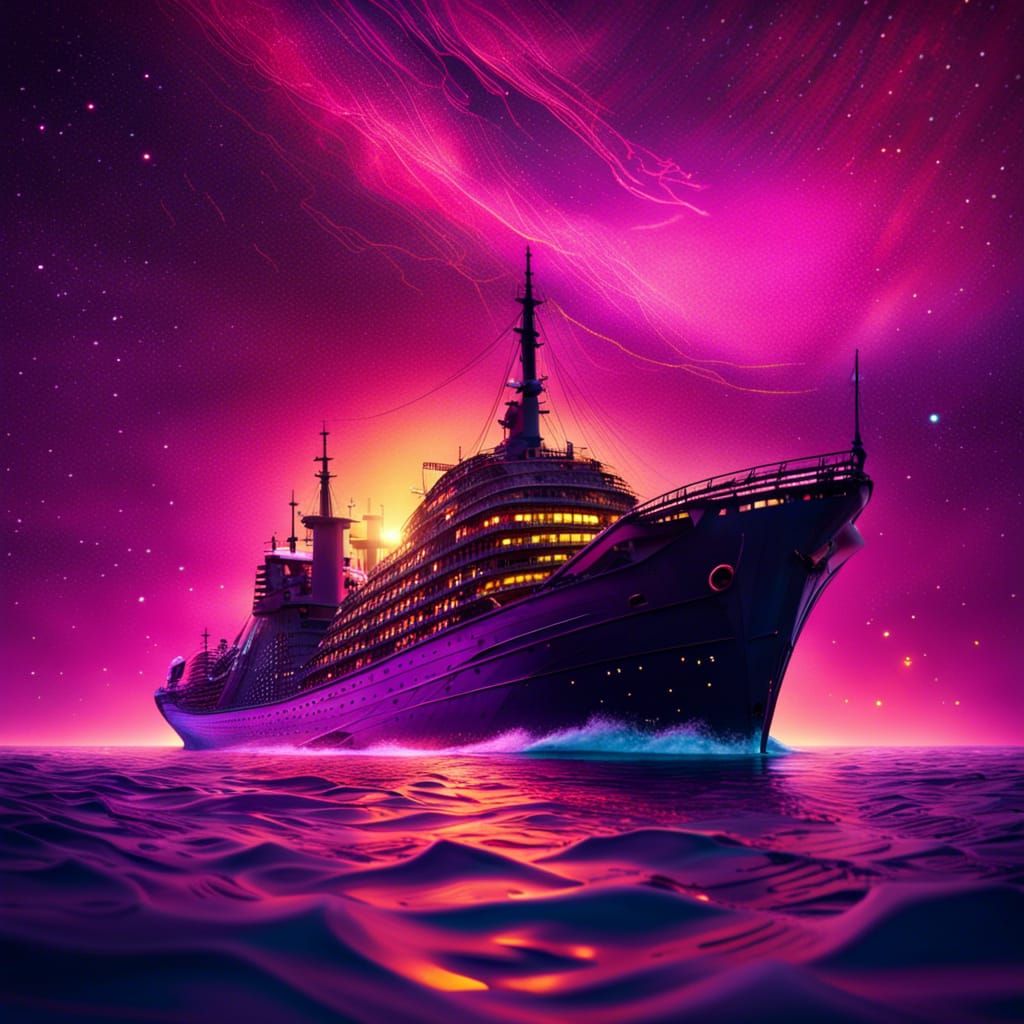Cinematic Ship at Sunset with Aurora Borealis