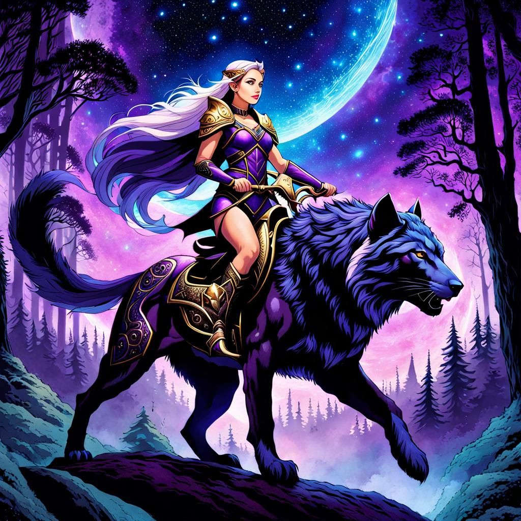 Elf Warrior Rides Light Beast in Manara Style