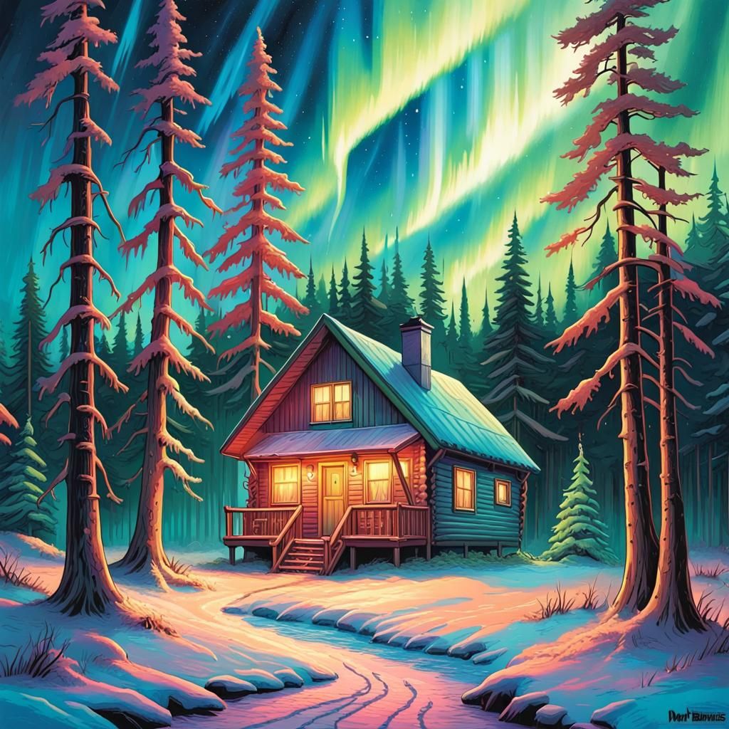 Colorful Cabin Under Aurora Borealis: Oil Painting