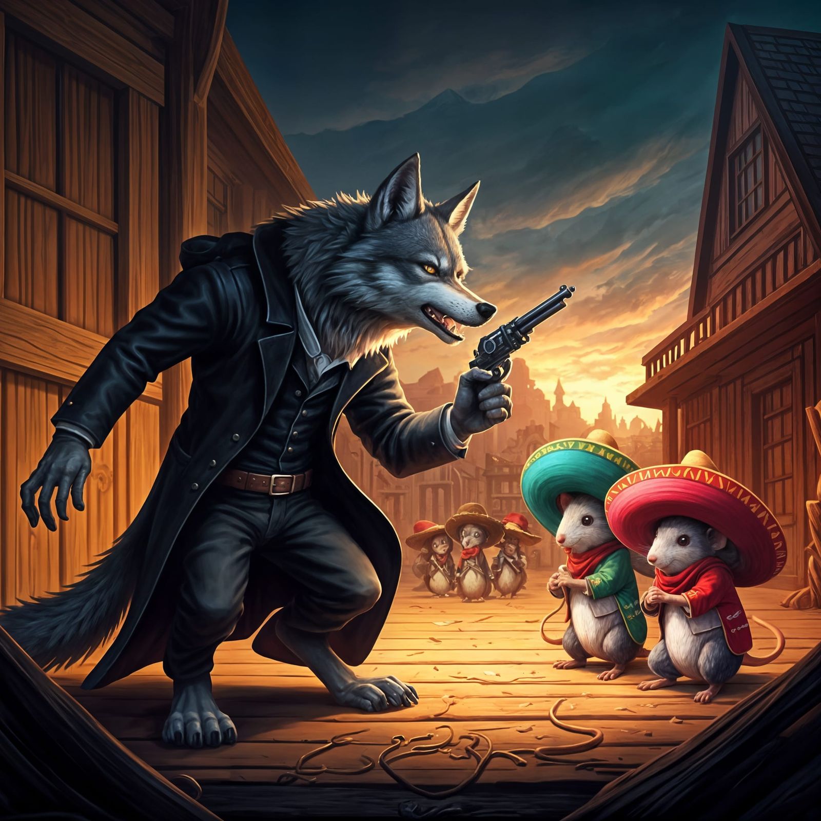 Mice vs Wolf: Whimsical Fantasy Western Scene