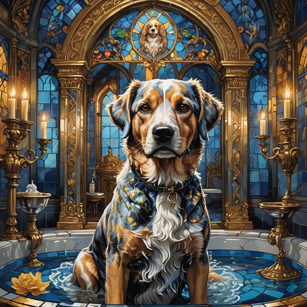 Dog Bathing Wagnwash in Ornate Art Deco Bathroom