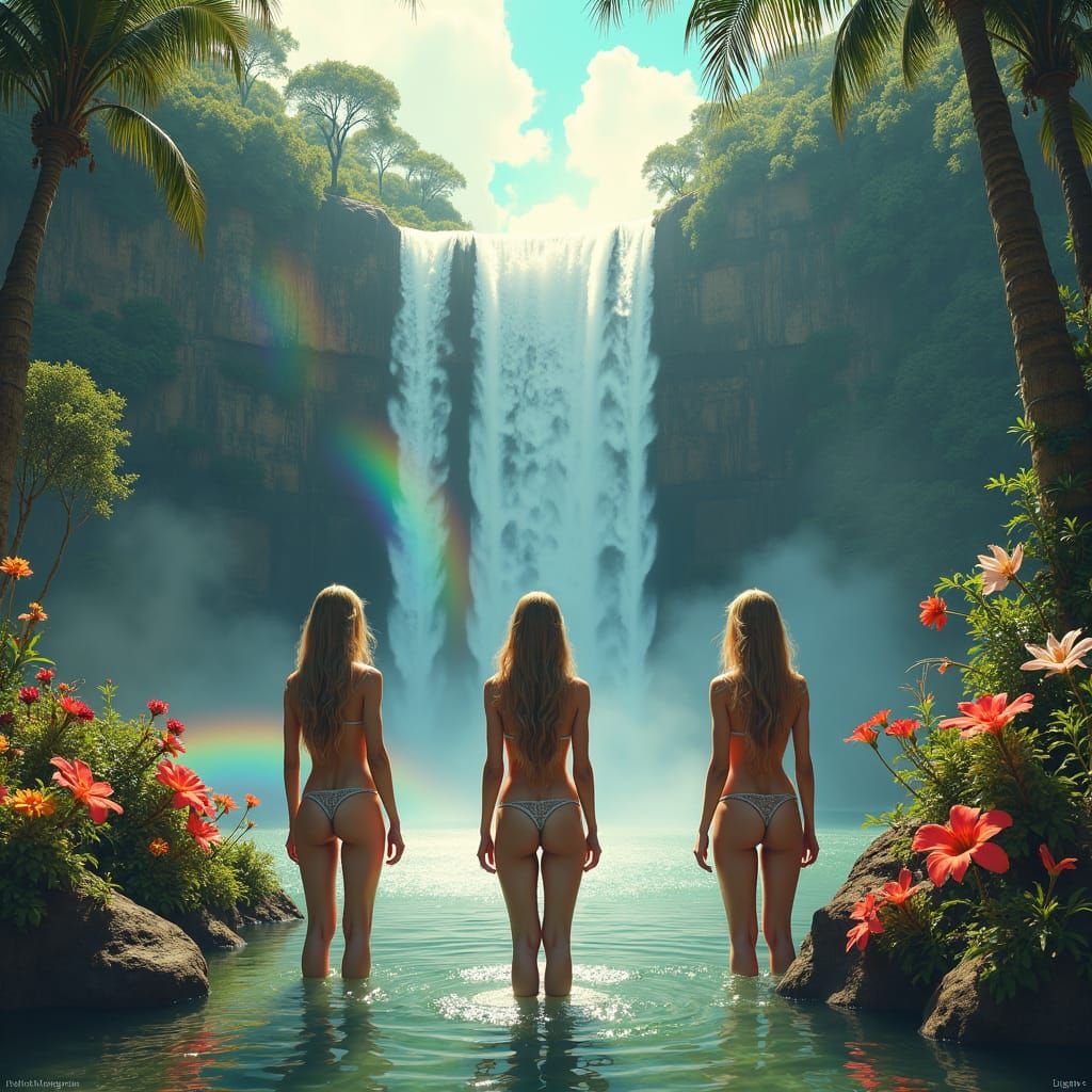 Jungle Waterfall Scene with Three Women