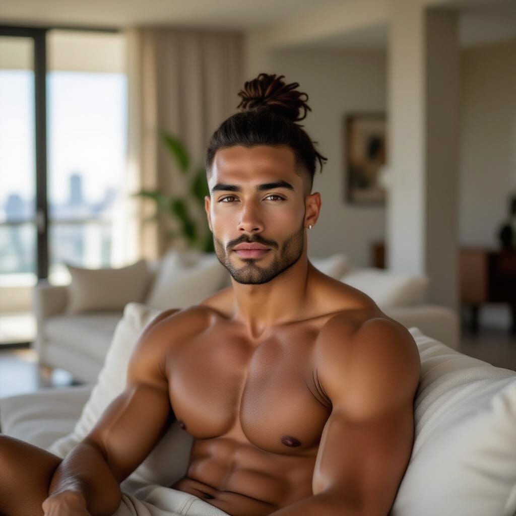 Cuban Man Lounging in Modern Brutalist Apartment