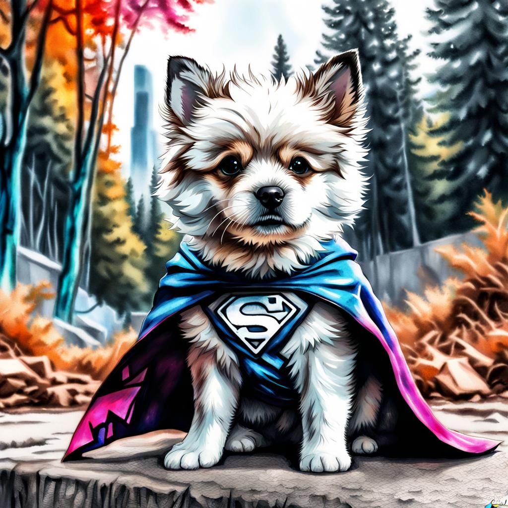 Fierce Superhero Puppy in Graffiti Vaporwave Style