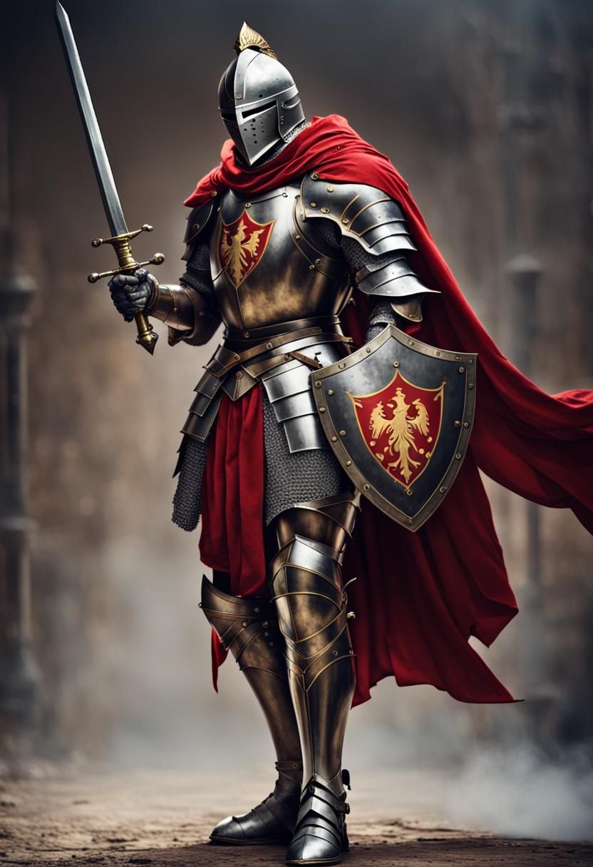 Medieval Knight in Red and Gold Armor