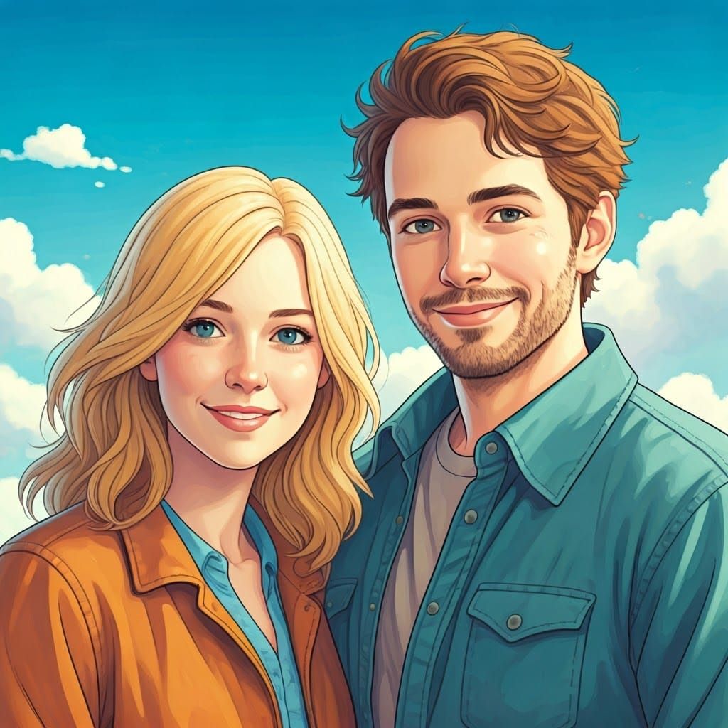 Couple in Meadow: Dreamy Landscape Art