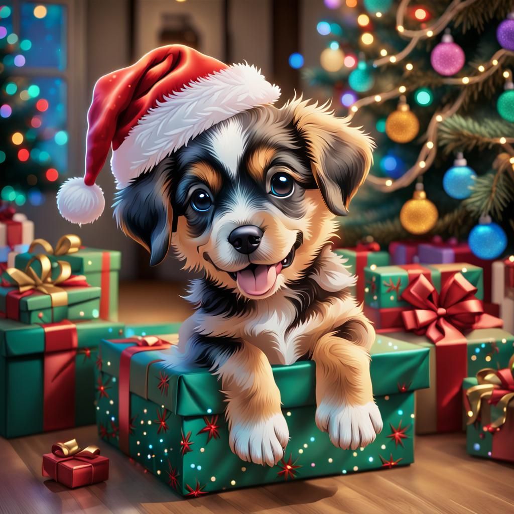 Cute Puppy with Santa Hat on Gift