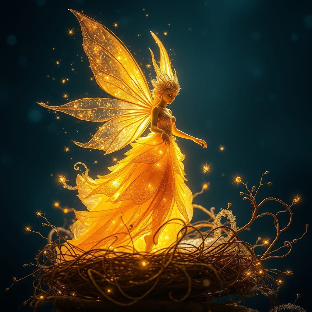 Golden Fairy Radiates Starlight in Mesmerizing Nighttime Sce...