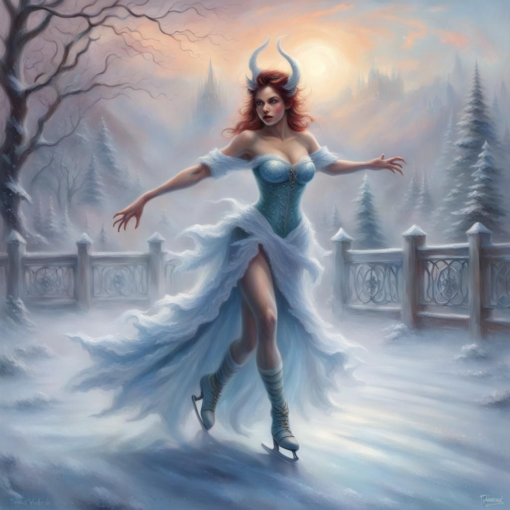 Female Devil Ice Skating in Ethereal Fantasy Style