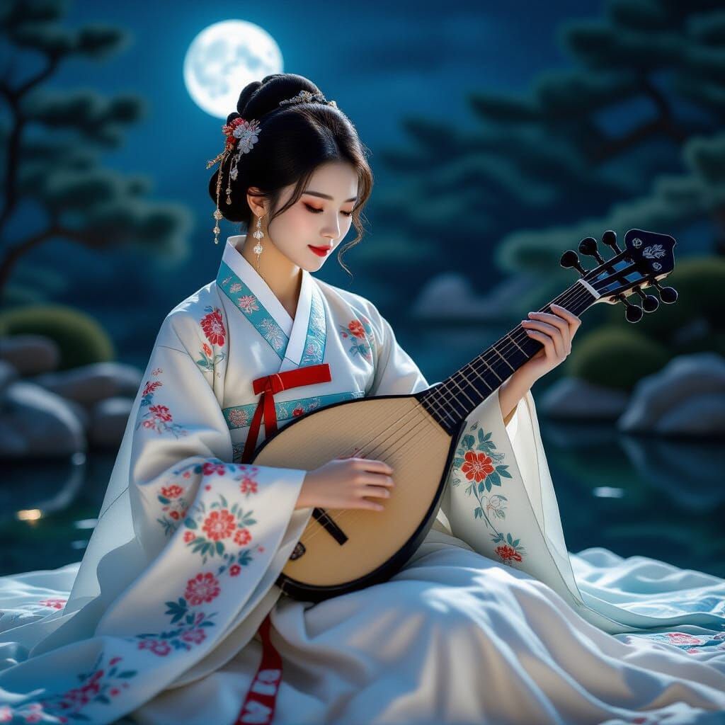 Korean Woman Plays Gayageum in Moonlit Garden