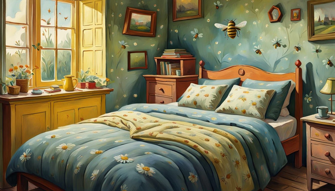 Sleepy Bee in Cottage Bedroom: Gouache Watercolor Painting