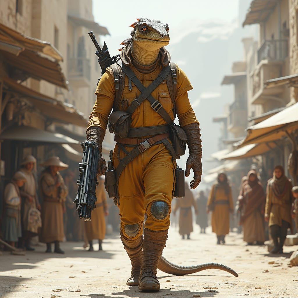 Reptilian Humanoid in Bustling Marketplace: Hyper-Realistic ...