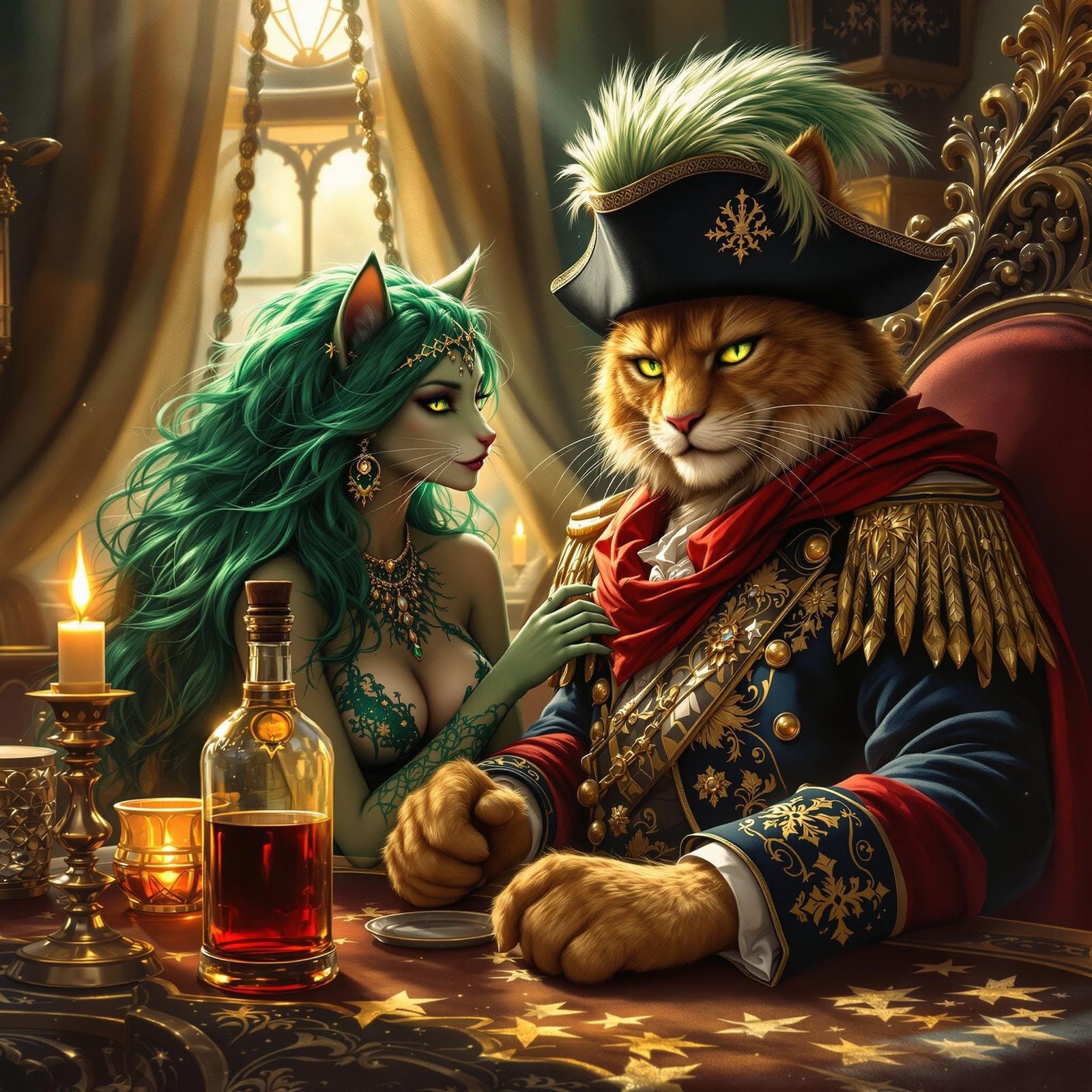 Regal Feline Pirate and Enchanting Witch Share a Moment of I...
