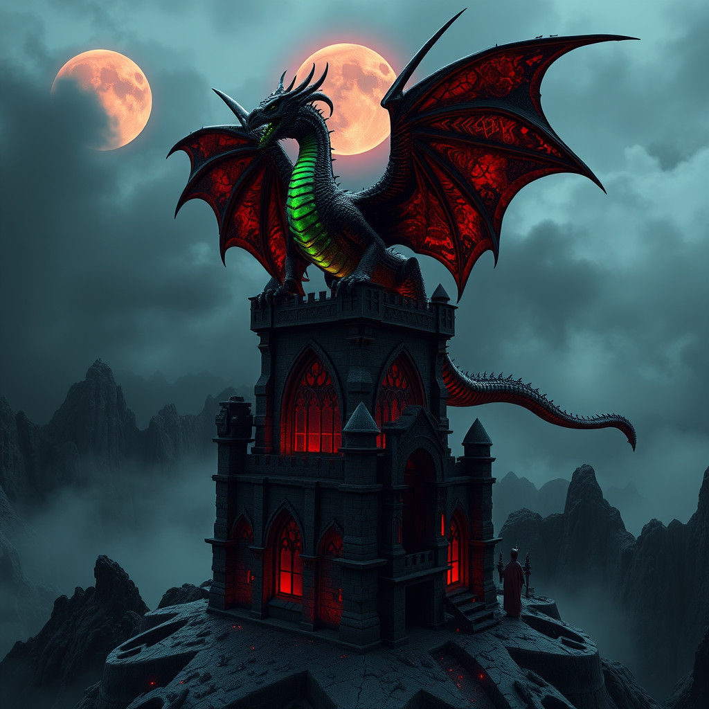 Alien Dragon Statue on Gothic Abbey in Fantasy Art Style