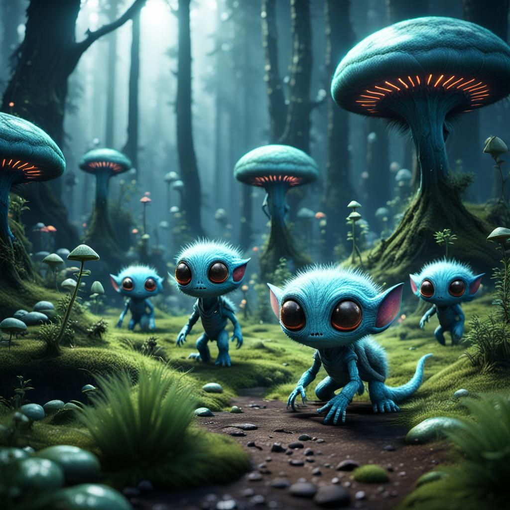 Furry Aliens Explore an Alien Forest in 3D