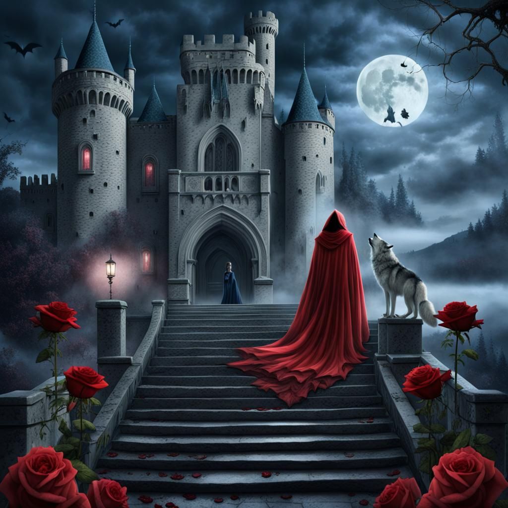 Gothic Lady and Wolf at Castle in Dark Fantasy Art