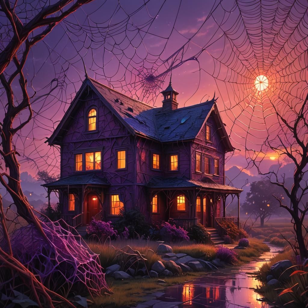 Hyperrealistic Spiderweb House at Sunset