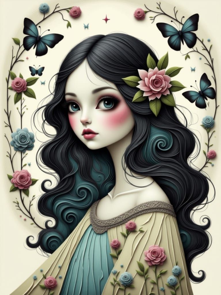 Gothic Woman with Butterflies in Digital Painting Style