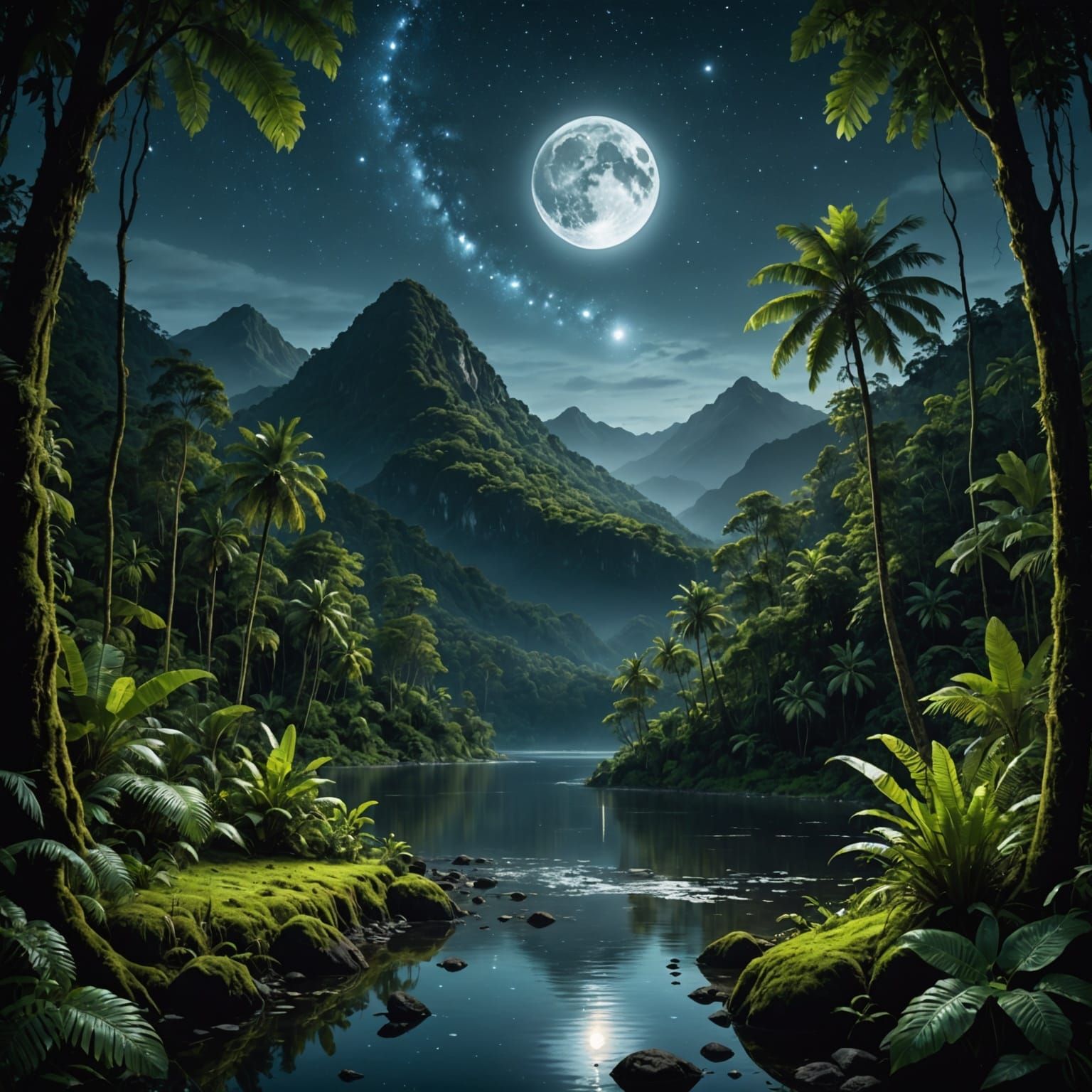 Whimsical Rainforest Night Scene Under Full Moonlight