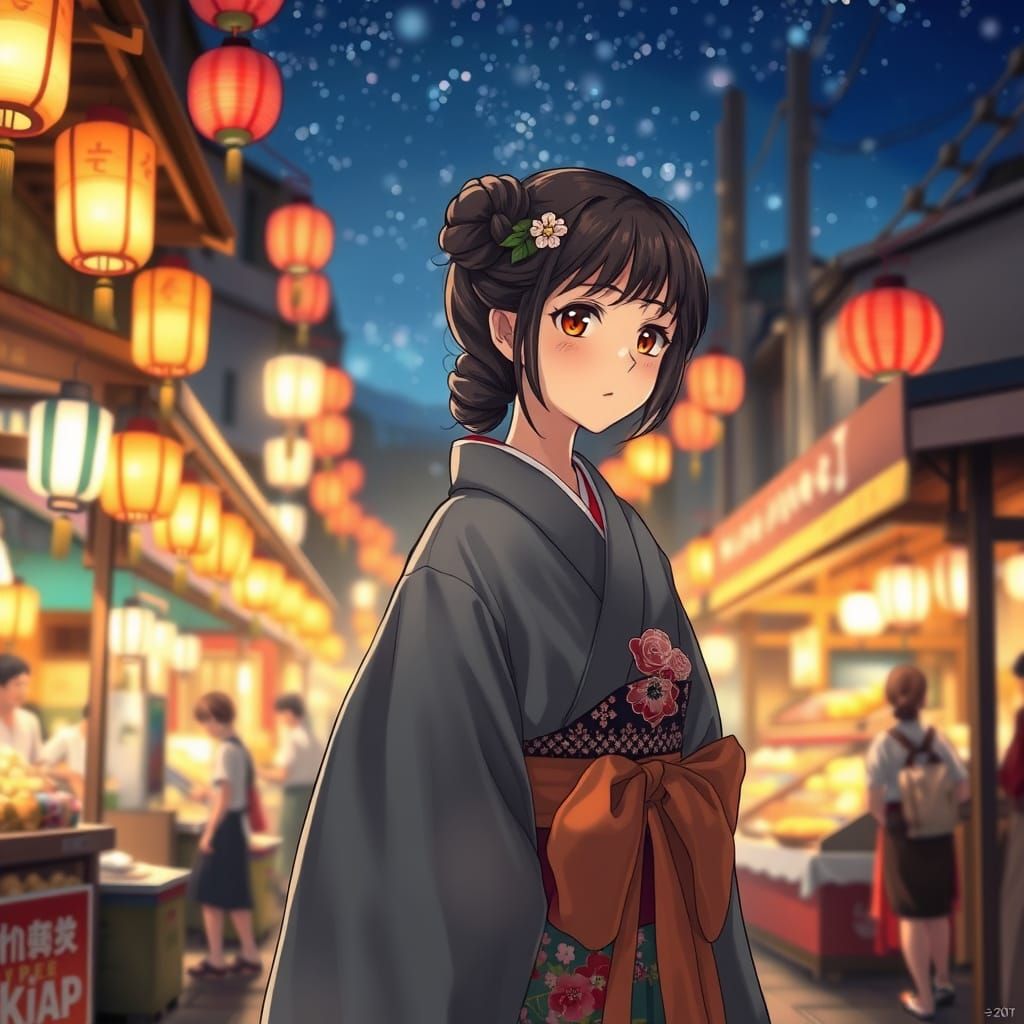 Kimono Woman in Lantern-Lit Ghibli Summer Festival