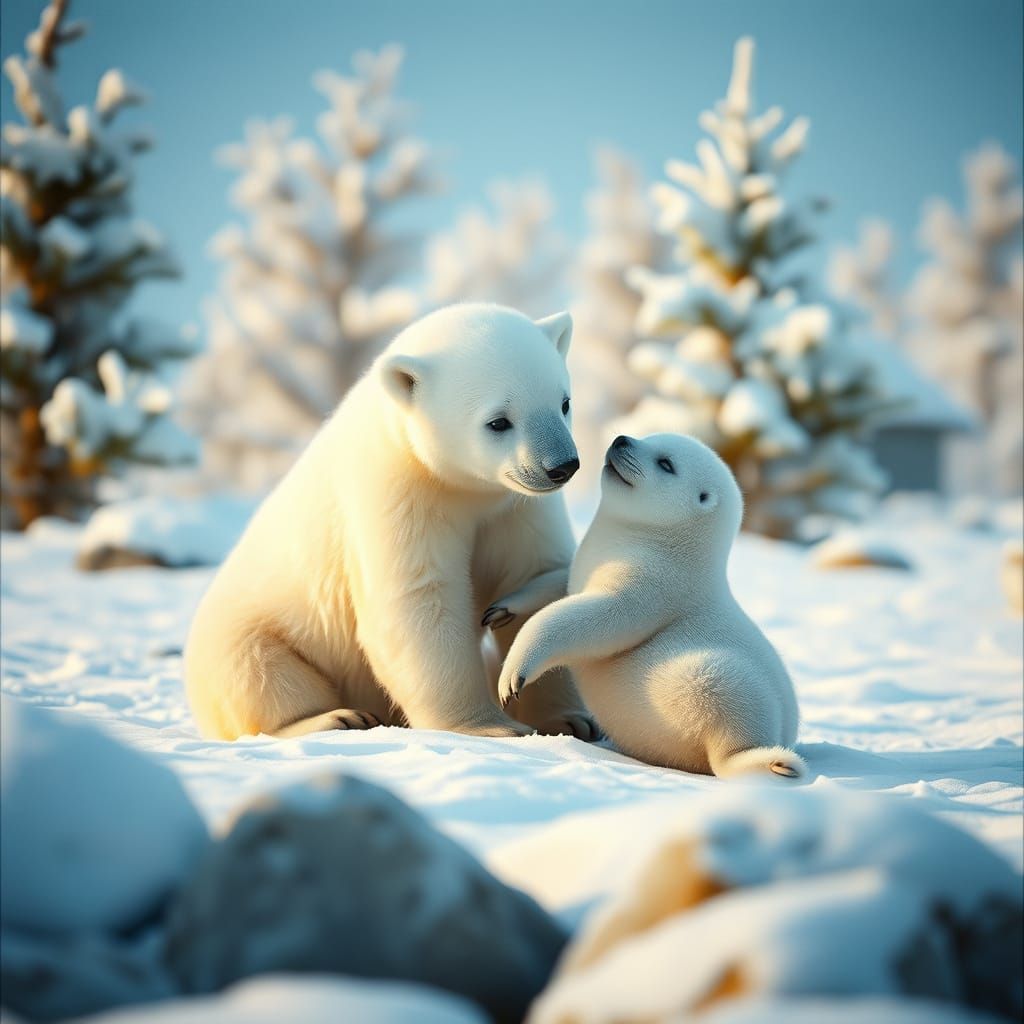 Whimsical Polar Bear and Seal Play in Snowy Wonderland