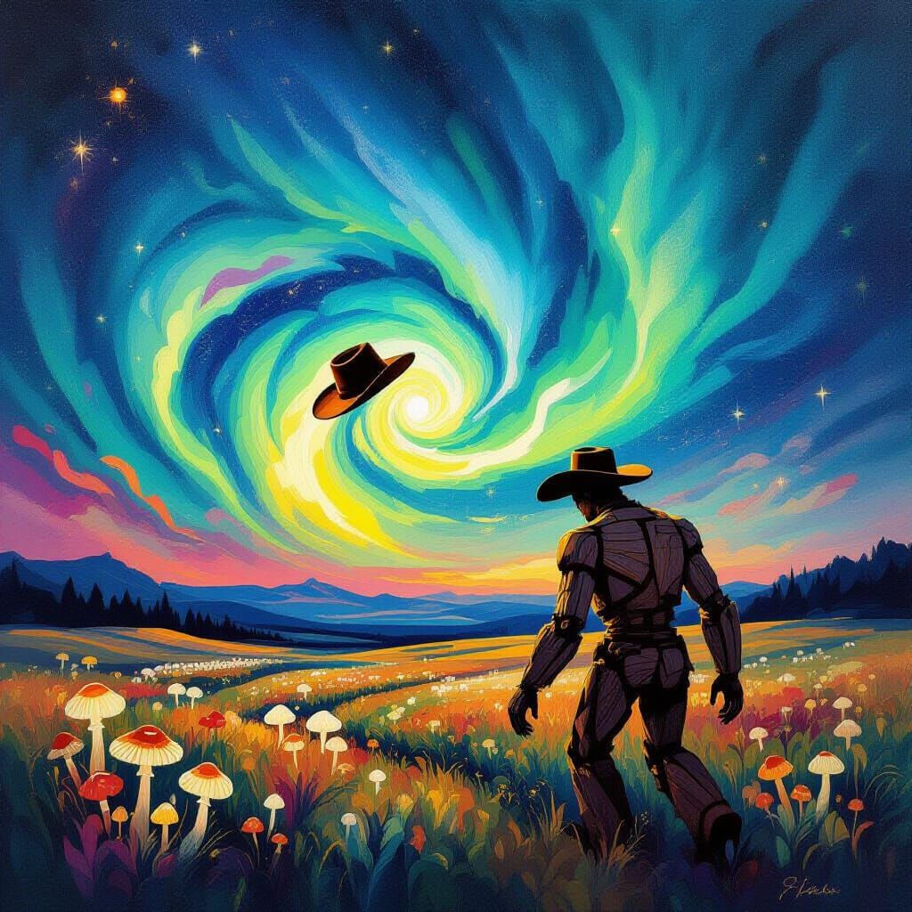 Surreal Aurora Landscape with Petrified Wood Golem