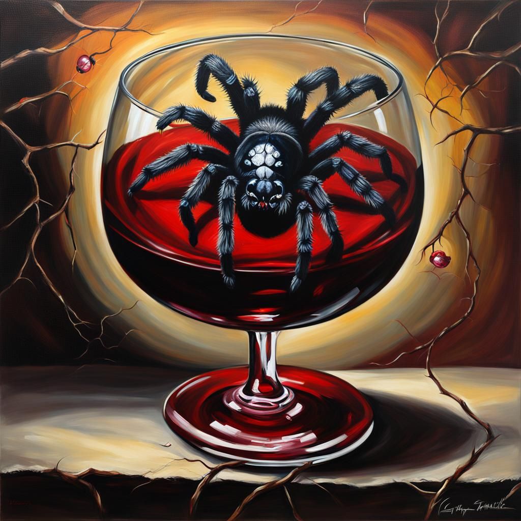 Gothic Tarantula in Wine Glass: Oil Painting