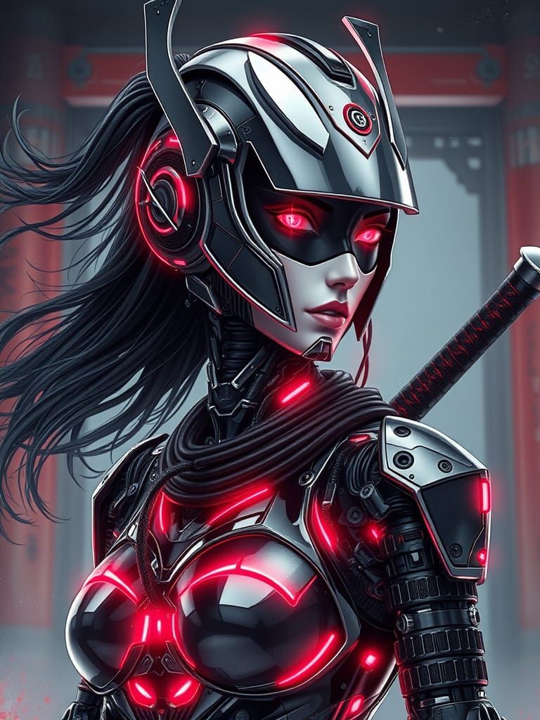 Cyberpunk Female Robot Samurai in Neon Armor