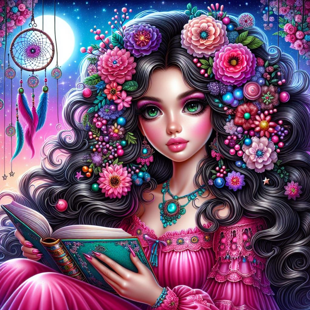 Fantasy Woman Reading by Dreamy Night Sky